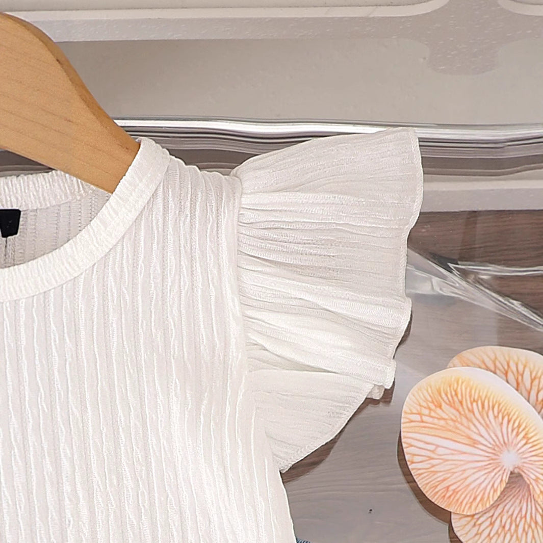 Cross-border foreign trade Korean summer baby girl flying sleeve round neck top daisy embroidered jeans two-piece suit