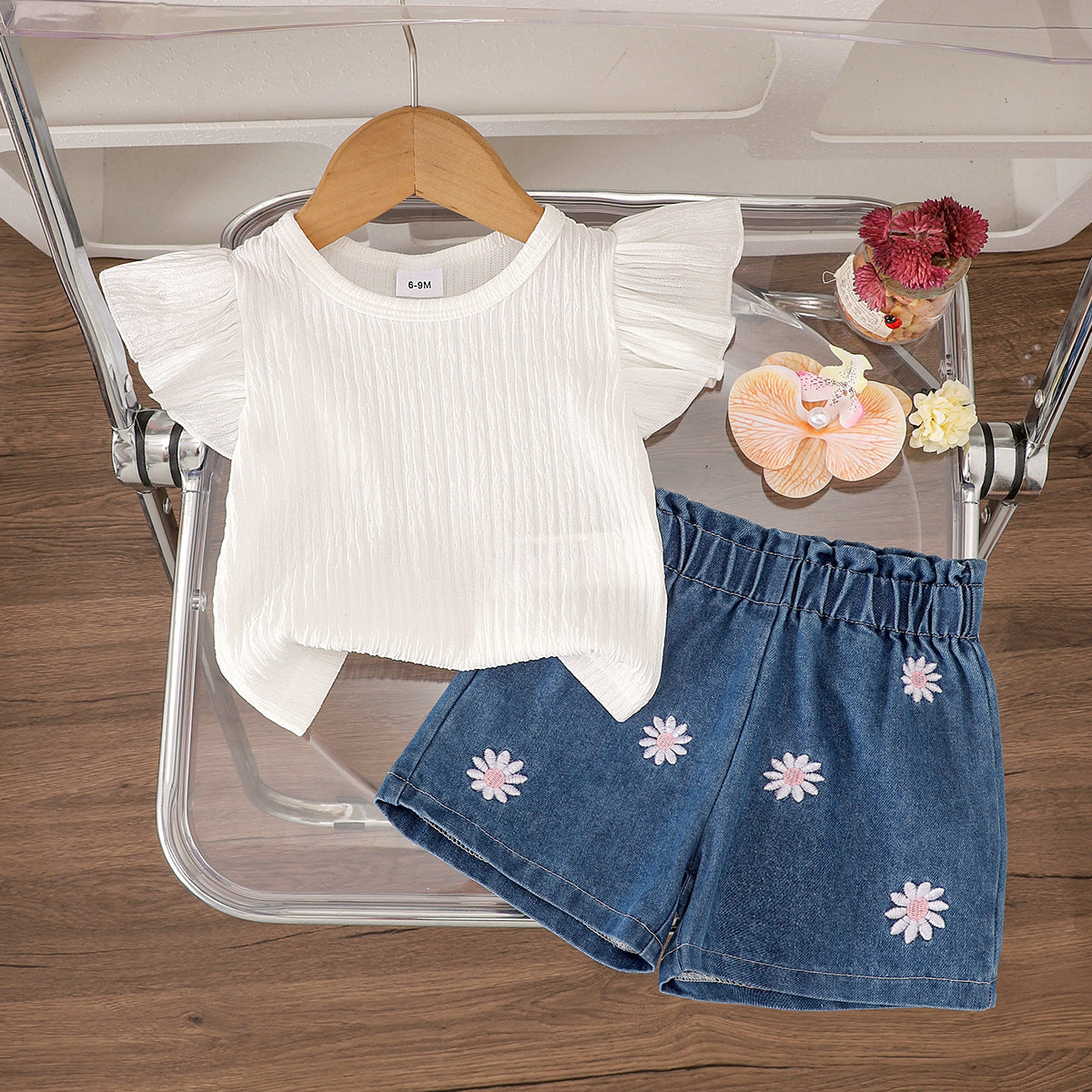 Cross-border foreign trade Korean summer baby girl flying sleeve round neck top daisy embroidered jeans two-piece suit