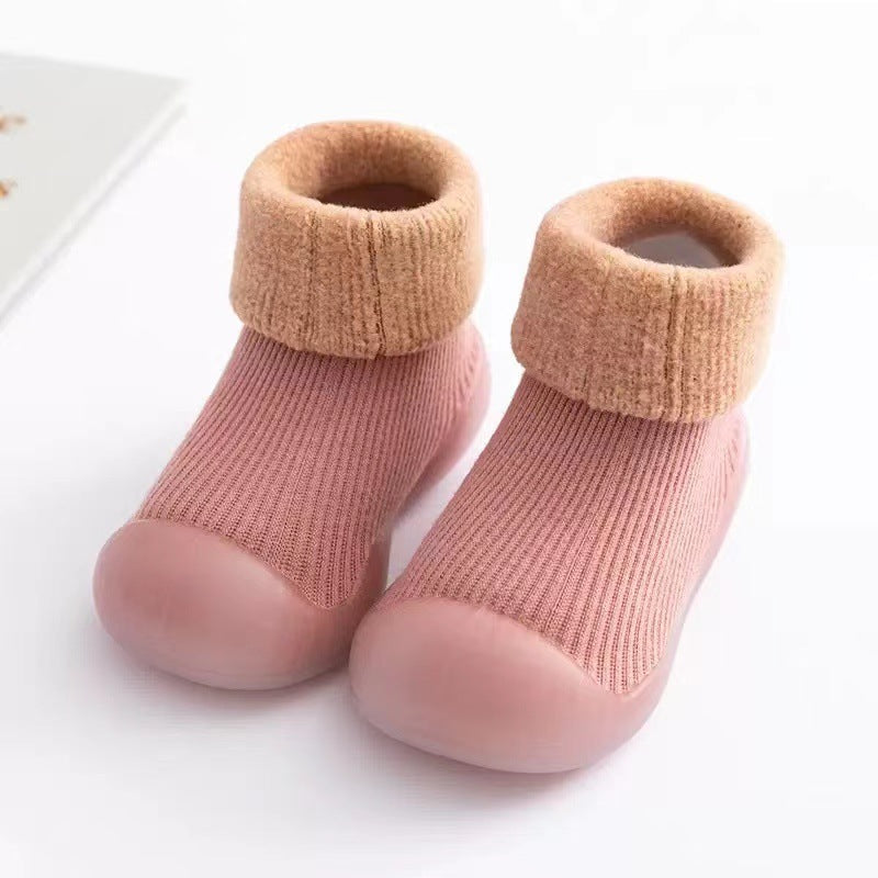 Baby learning shoes autumn and winter plus velvet thick soft bottom non-slip boys and girls baby shoes pure cotton floor socks keep warm