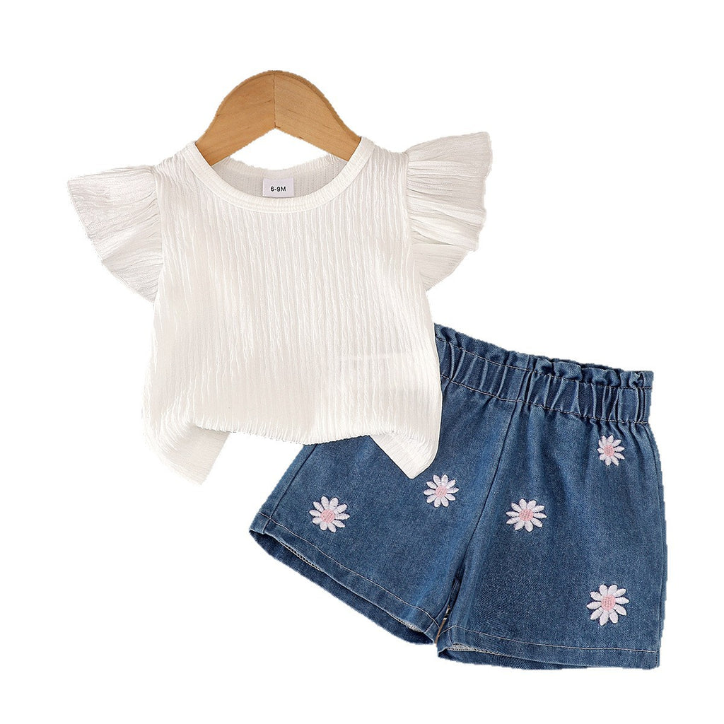 Cross-border foreign trade Korean summer baby girl flying sleeve round neck top daisy embroidered jeans two-piece suit