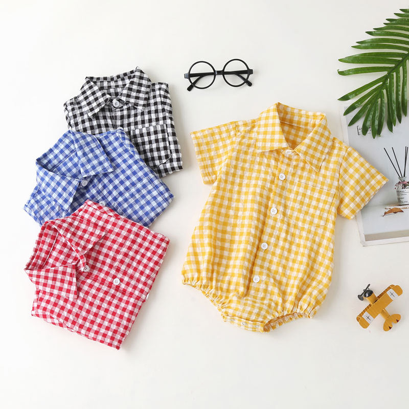 0-3 years old plaid one-piece romper newborn romper summer baby cotton short-sleeved shirt bag fart clothes baby and children's clothing