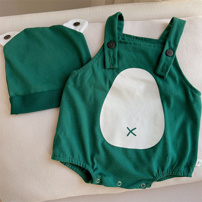 Toddler summer clothes Korean version 2023 new baby white T-shirt suspenders crawling clothes set with hat three-piece summer clothes