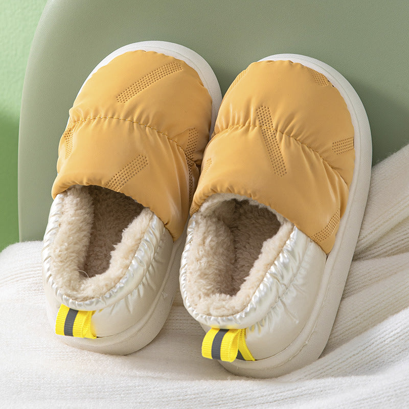 Children's cotton slippers for winter with heels, waterproof and non-slip, small, medium and large boys and girls, thick soft sole, plus velvet, warm baby cotton shoes
