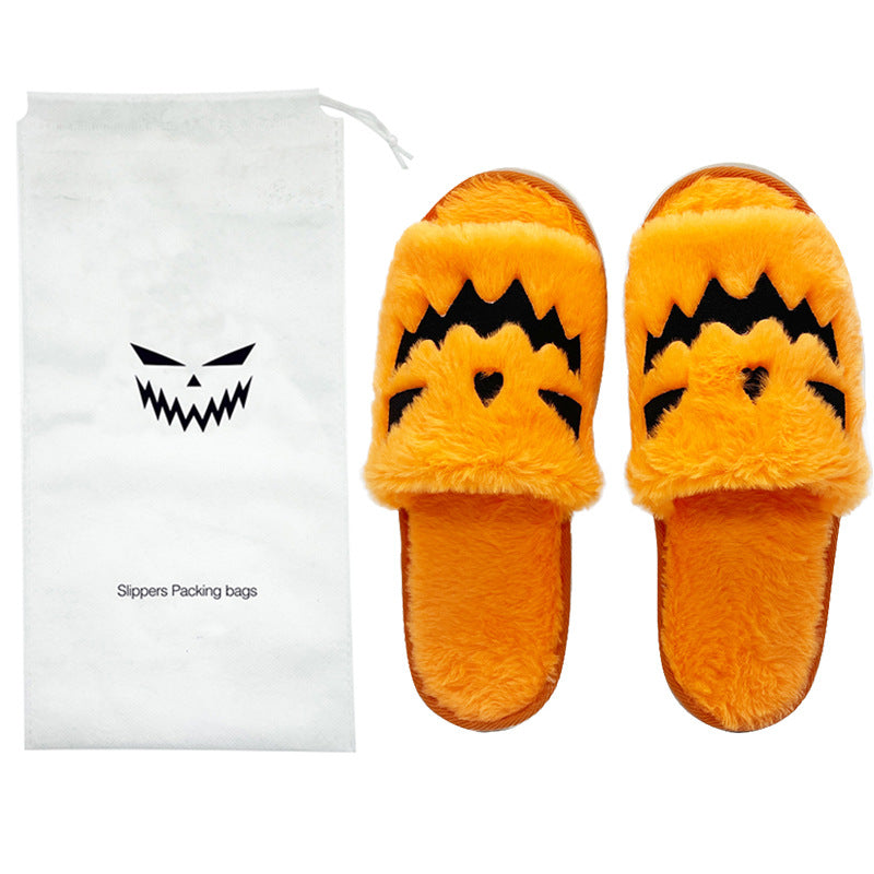 Cross-border hot selling Halloween pumpkin shoes elk Christmas slippers indoor and foreign trade plush open toe plush flat slippers