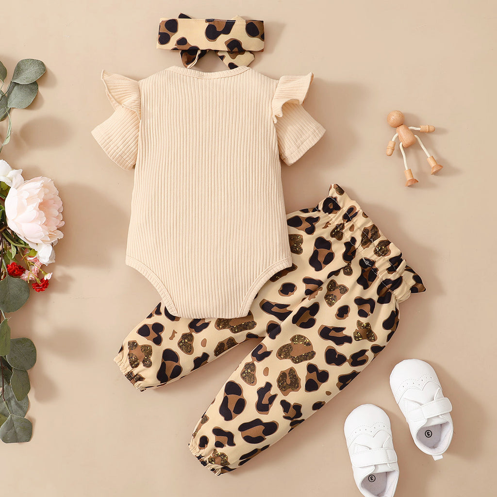 Amazon ebay new baby girl summer cute stylish knitted three-piece short-sleeved romper leopard print suit