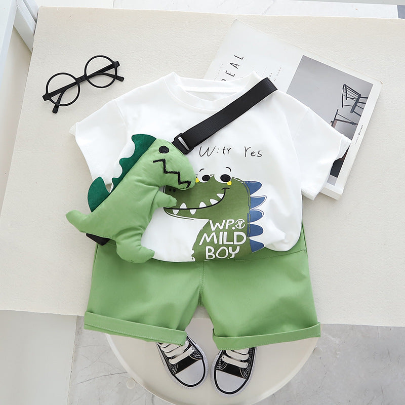 2023 summer new boys cartoon round neck short-sleeved suit with dolls baby boy sports shorts two-piece suit trendy