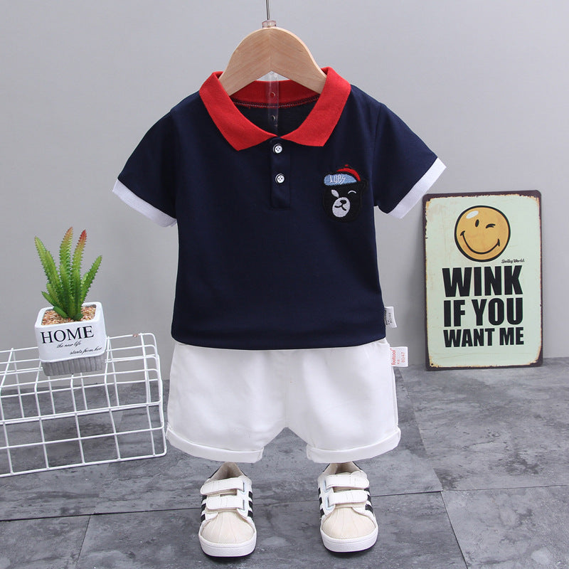 Boys summer clothes children's short-sleeved suits summer new style little boy baby fashion striped polo shirt two-piece suit trendy