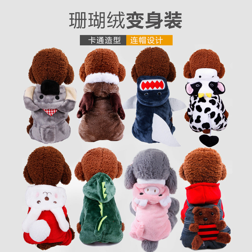 New autumn and winter pet clothes, coral fleece, Yiwu four-legged cartoon transformation, puppy clothes, dog clothes