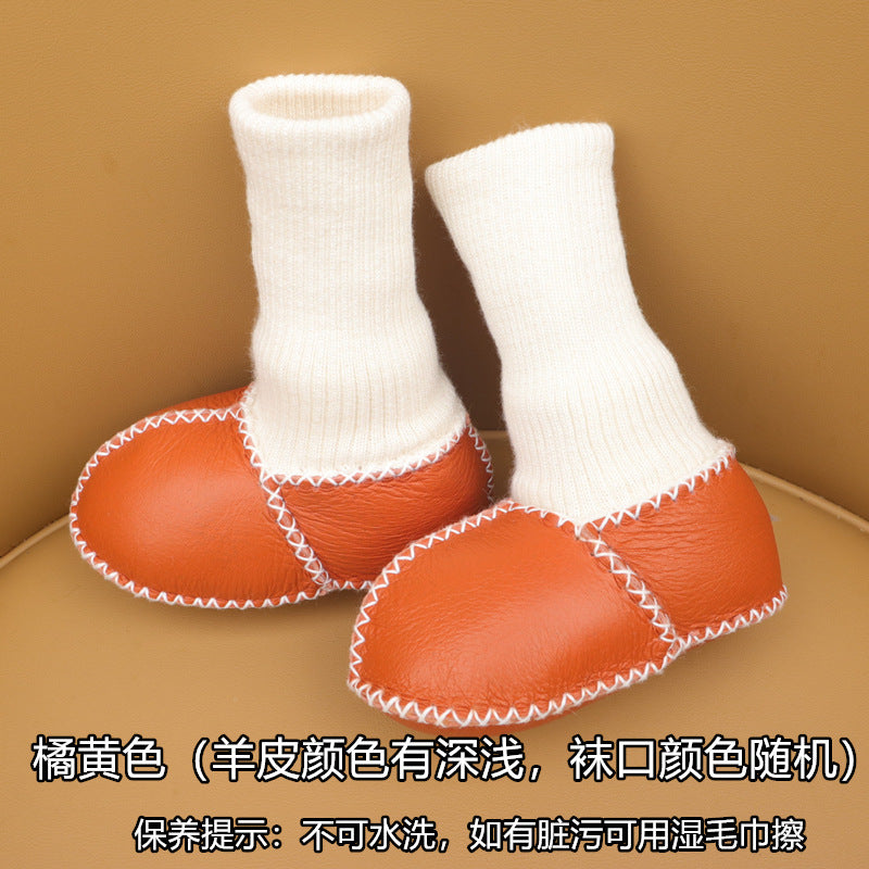 Sheepskin and fur integrated baby shoes and socks keep warm and velvet autumn and winter baby cotton shoes soft soles will not fall off toddler shoes newborn