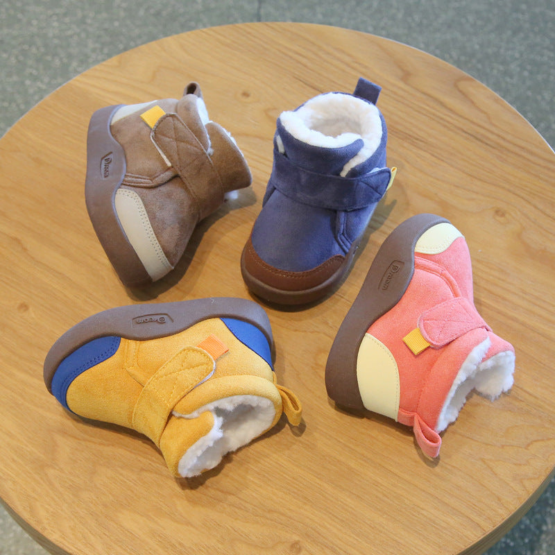 Winter toddler shoes for 1-2-3-4 years old, plus velvet soft sole baby cotton shoes for boys and girls, non-slip short boots for children's snow boots