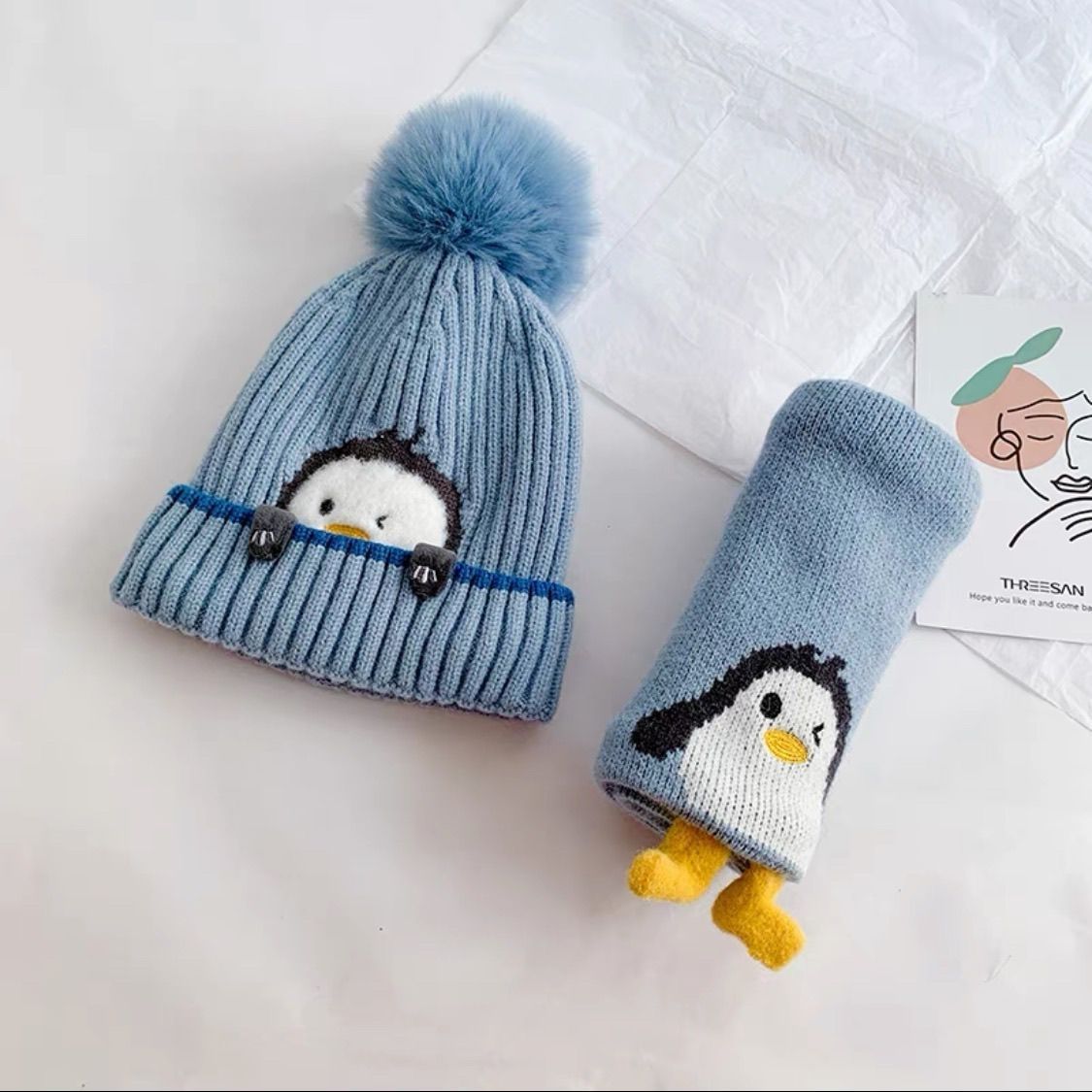 Children's hat scarf set for boys and girls winter warm cotton lining wool hat baby two-piece hat