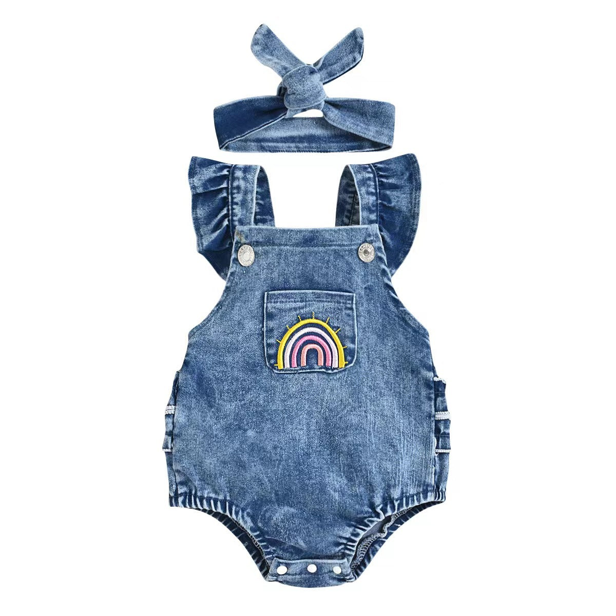 2025 Cross-border infant and toddler summer versatile baby girl colorful red embroidery blue denim suspenders bellyband romper
