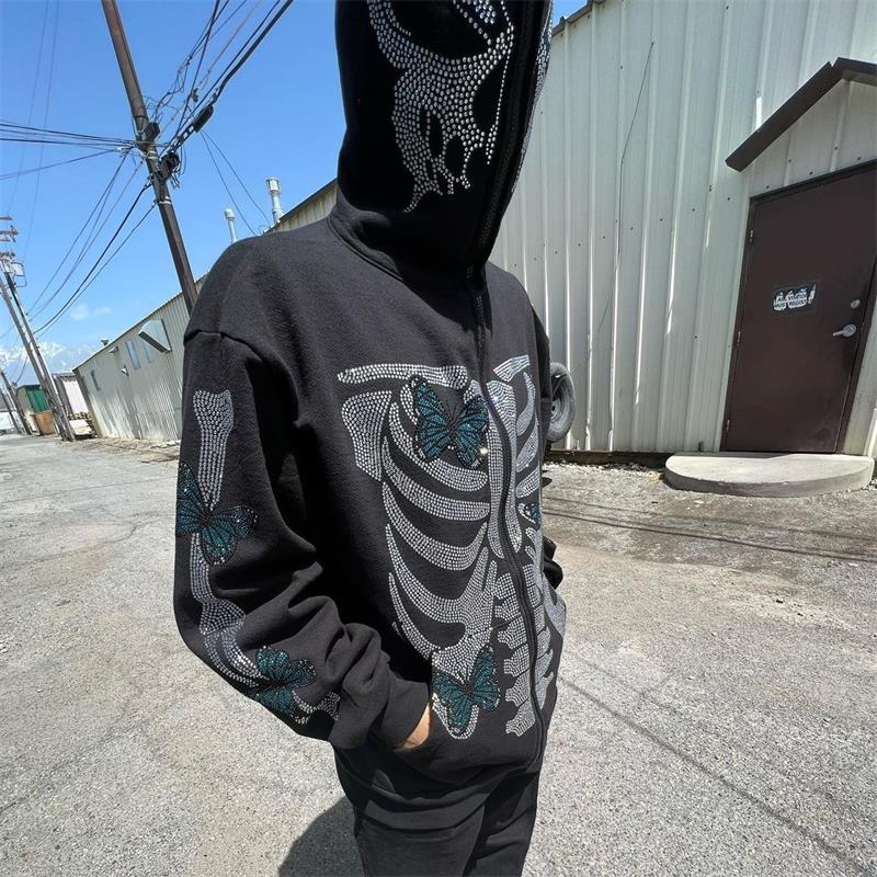 2022 Halloween cross-border new European and American autumn and winter men and women Y2K trend rhinestone loose hooded cardigan sweater