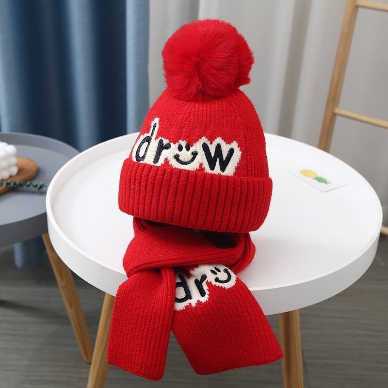 Children's hat scarf set for boys and girls winter warm cotton lining wool hat baby two-piece hat