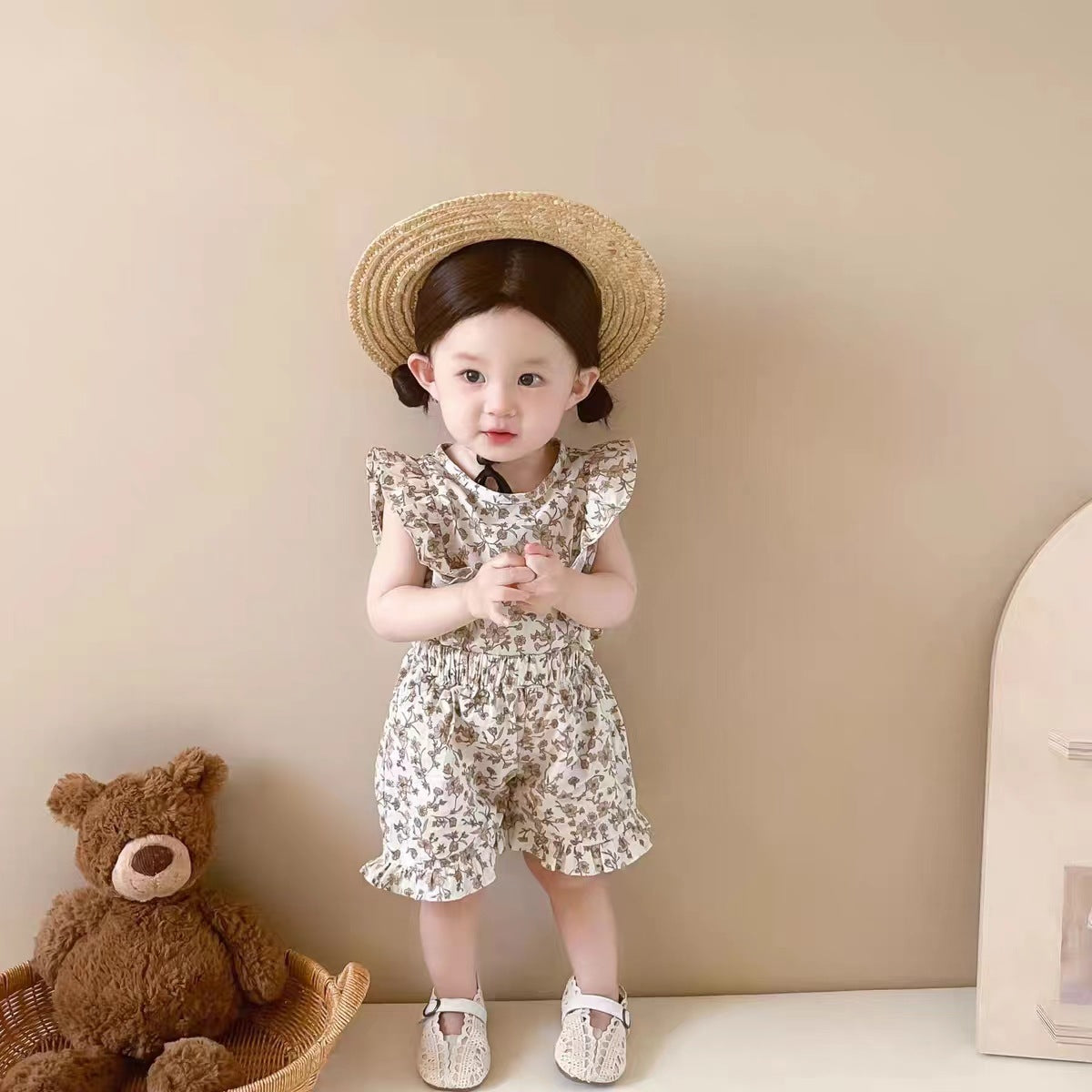 Girls suit summer Korean style children's clothing baby girl cotton floral stylish small flying sleeve children's top shorts two-piece suit