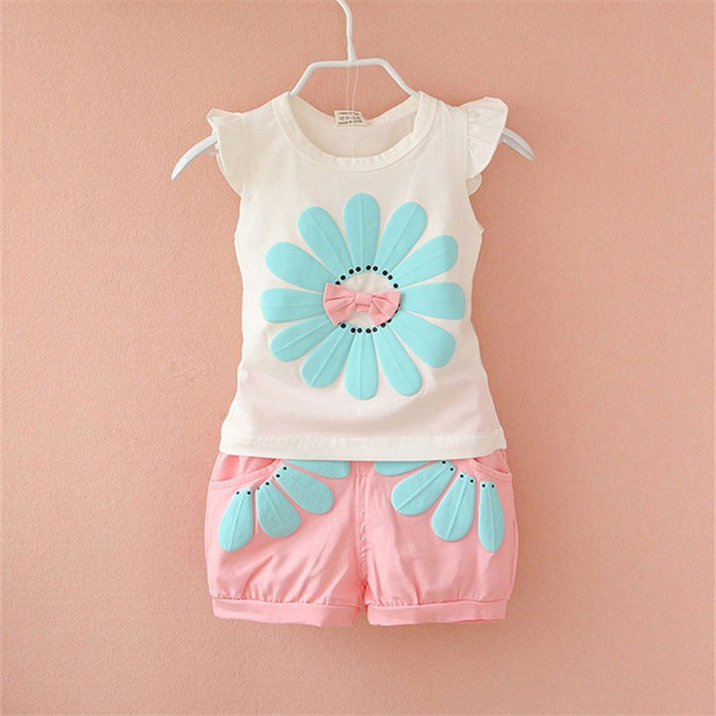 Korean children's clothing summer clothes girls summer cartoon flower vest suit 0-4 years old baby girl shorts two-piece suit trendy