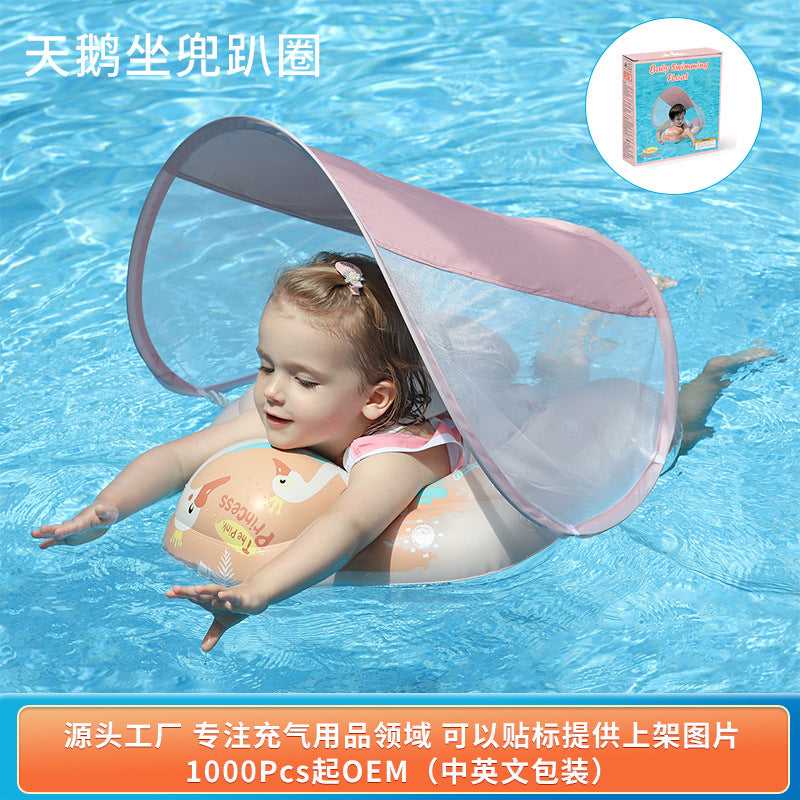 Cross-border special offer baby swimming circle prone circle children's swimming circle underarm circle pink swan sun protection sunshade seat ring