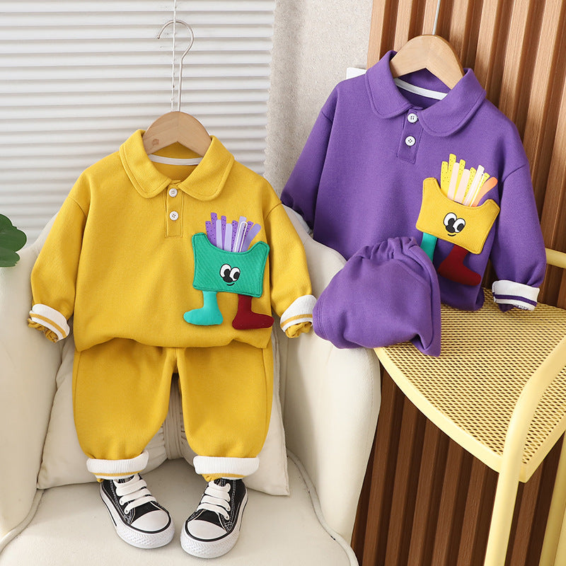 Children's spring and autumn lapel suits 2024 new style children's baby autumn clothes cartoon polo shirt sweater two-piece suit trendy