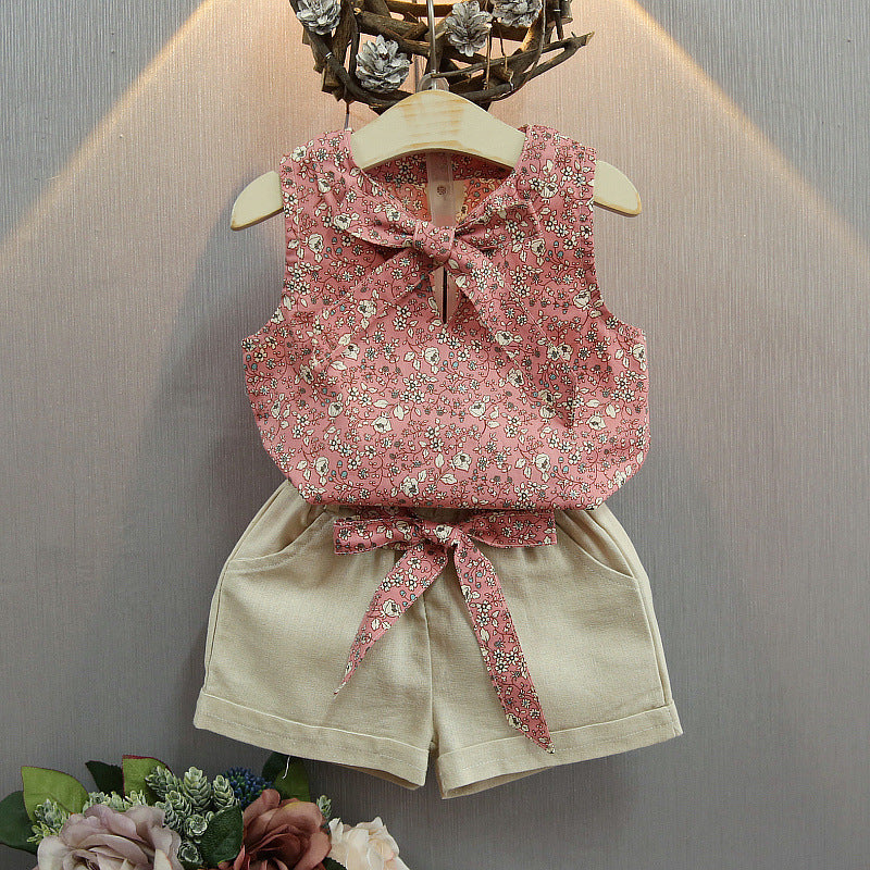 Children's clothing summer new arrival 0-4 years old baby girl Korean style floral Bohemian style sleeveless vest shorts two-piece set