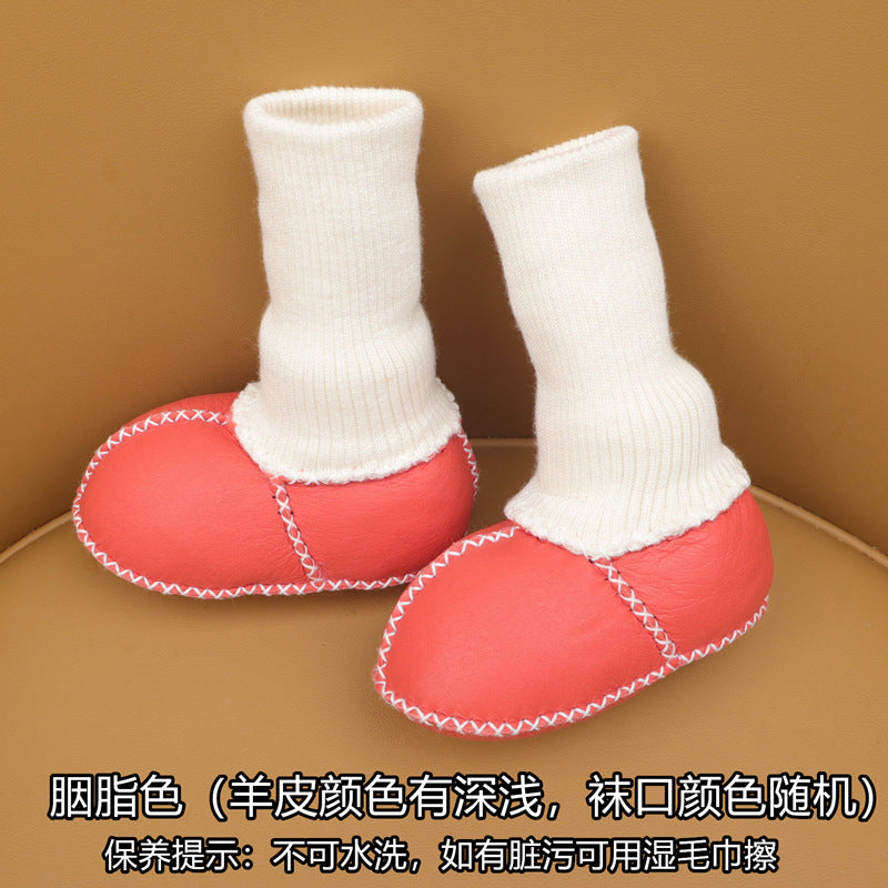 Sheepskin and fur integrated baby shoes and socks keep warm and velvet autumn and winter baby cotton shoes soft soles will not fall off toddler shoes newborn