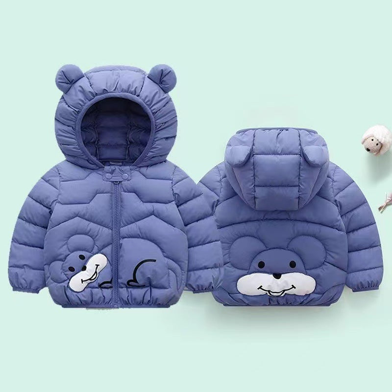 Off-season 2023 new children's cotton clothing for small and medium-sized children, baby ears hooded boys and girls autumn and winter cartoon thickened coats