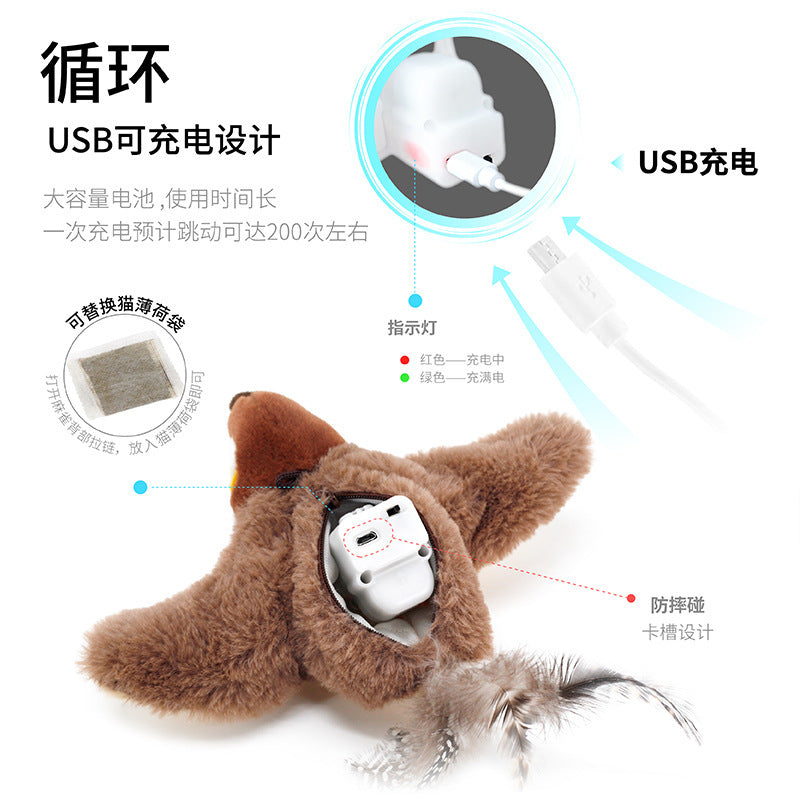 Cross-border pet swing sparrow USB charging simulation animal call vibration induction cat smart toy
