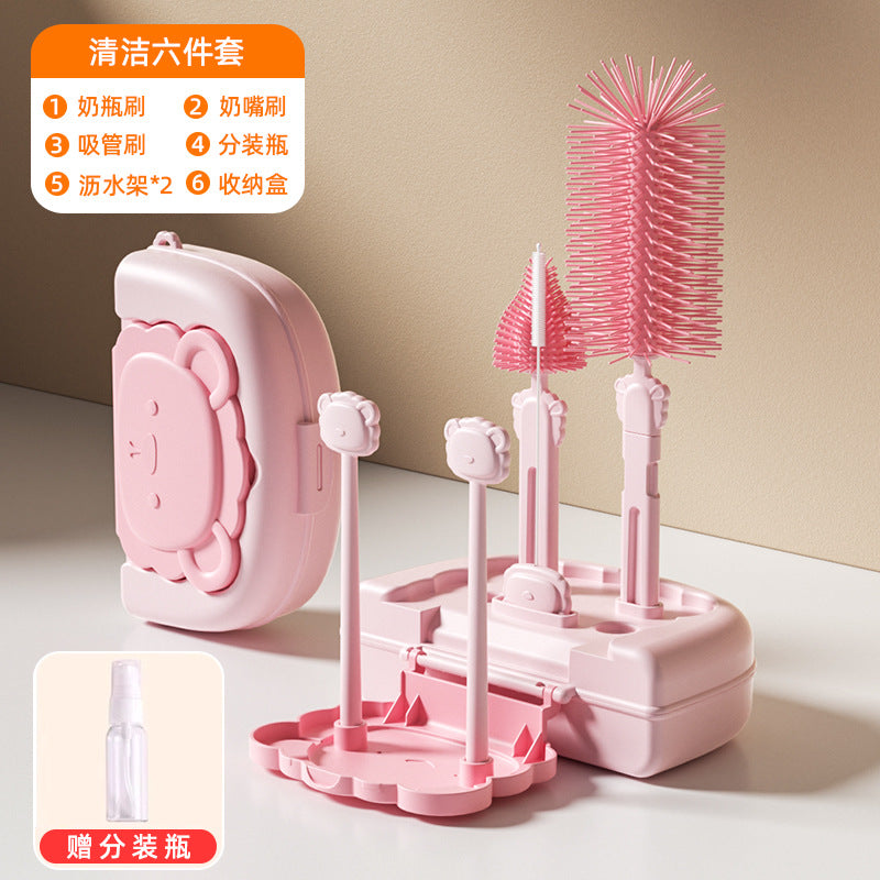 Infant cleaning brush set children's straw brush cup brush drain rack with storage box baby silicone bottle brush