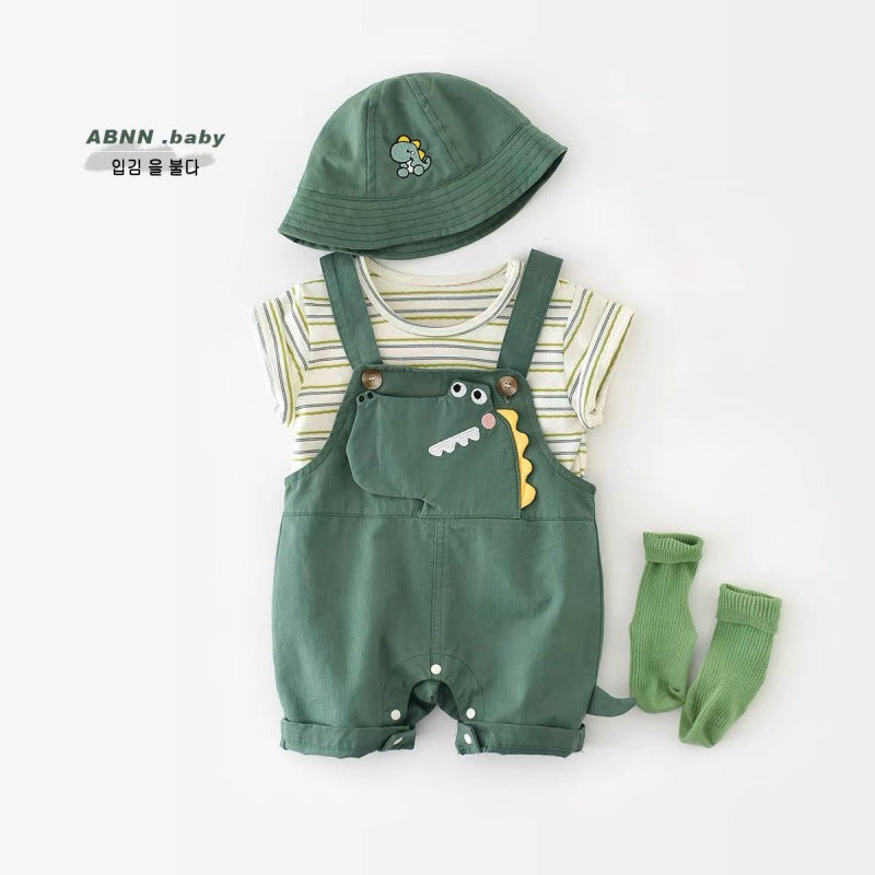 Cute and fashionable baby clothes summer short-sleeved trendy baby boy jumpsuit fake two-piece going out clothes romper crawling clothes