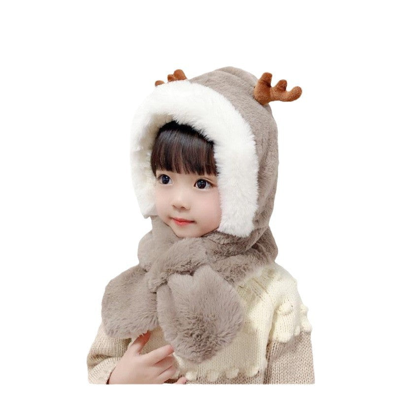 Winter children's hat scarf one-piece thick warm baby cute baby boys and girls animal windproof ear protection hat