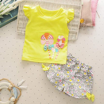Korean children's clothing summer clothes girls summer cartoon flower vest suit 0-4 years old baby girl shorts two-piece suit trendy