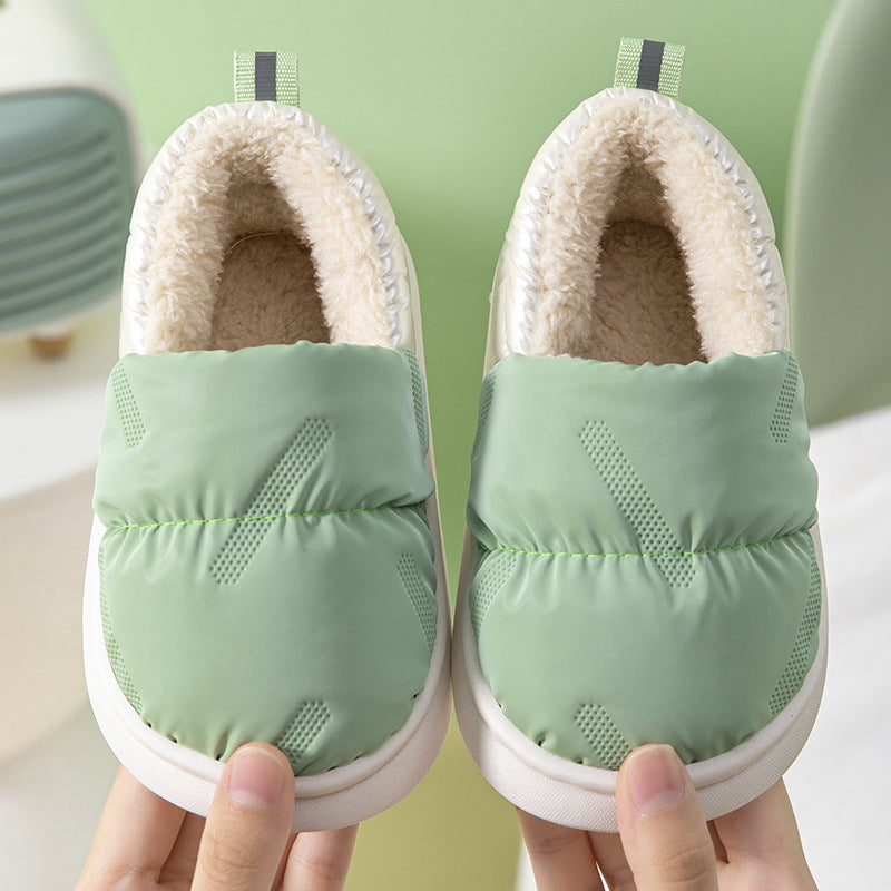 Children's cotton slippers for winter with heels, waterproof and non-slip, small, medium and large boys and girls, thick soft sole, plus velvet, warm baby cotton shoes