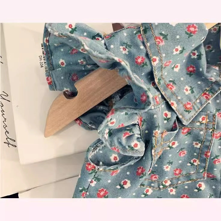 2024 Summer Girls Flying Sleeve Denim Printed Suit Baby Girl Fashion Single-Breasted Top Shorts Two-piece Suit