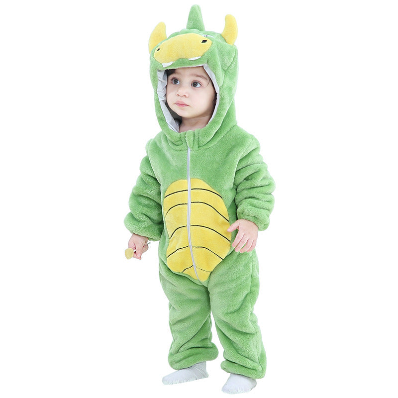 Mimi miles green dinosaur baby hooded animal crawling clothes flannel children's clothes cute baby crawling clothes