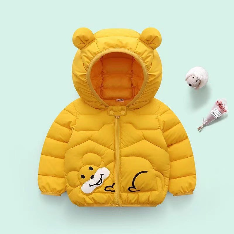 Off-season 2023 new children's cotton clothing for small and medium-sized children, baby ears hooded boys and girls autumn and winter cartoon thickened coats