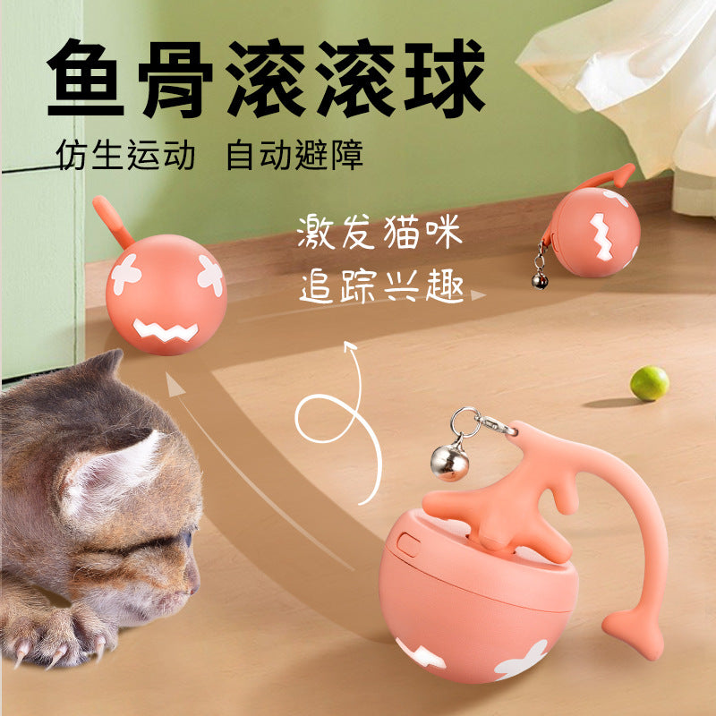 Pet cat toy fish bone rolling ball USB electric cat ball self-entertainment cat stick with replaceable feathers
