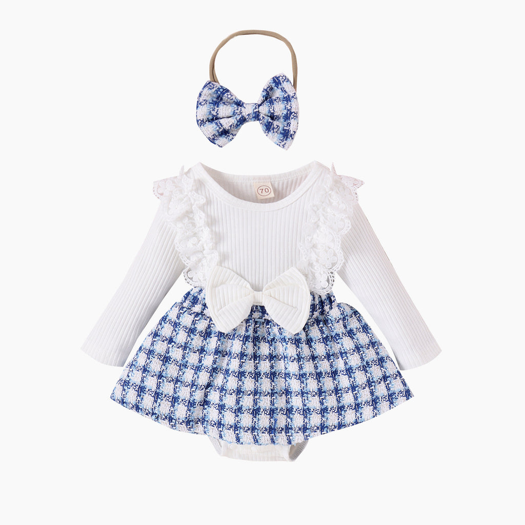 Baoxin children's clothing Xiaoxiang style autumn and winter baby girl lace long sleeve splicing woven plaid skirt bowknot romper