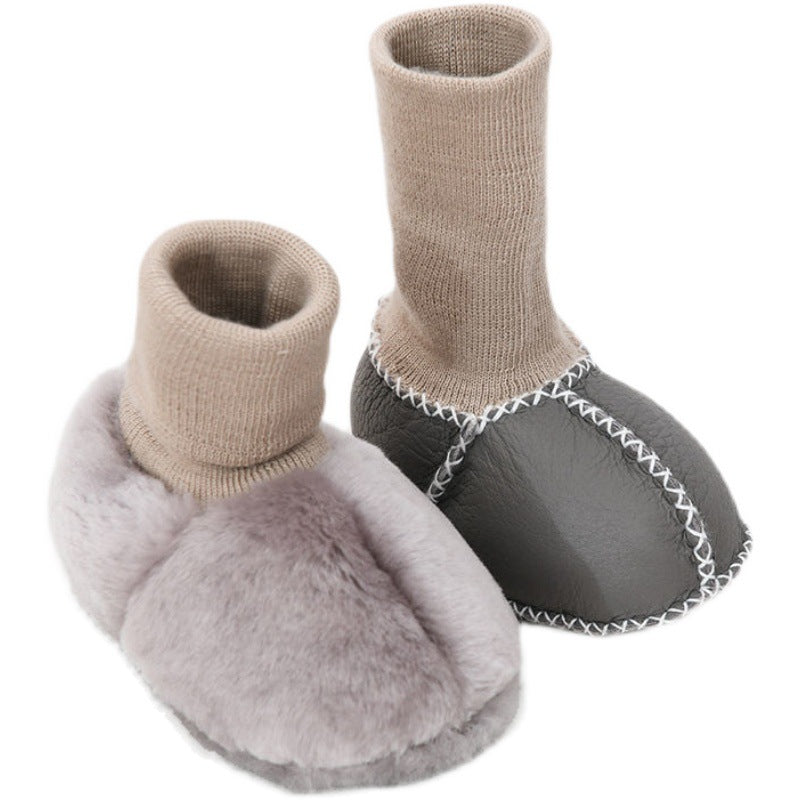 Sheepskin and fur integrated baby shoes and socks keep warm and velvet autumn and winter baby cotton shoes soft soles will not fall off toddler shoes newborn