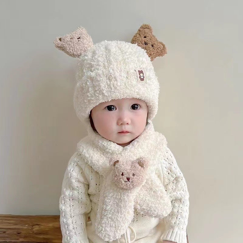 Autumn and winter children's hat baby same style beige series boys and girls windproof ear protection warm knitted cartoon ear warmer