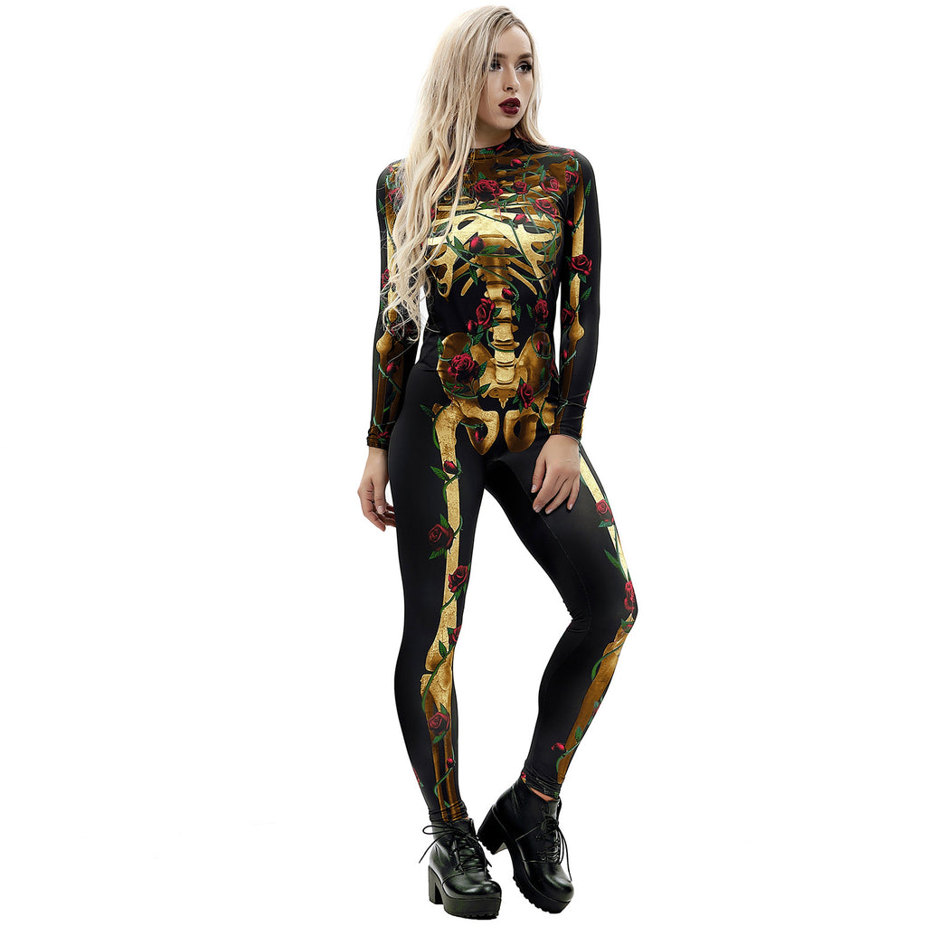 Amazon's new Halloween skeleton digital printing long-sleeved bodysuit slim fit slim cosplay costume