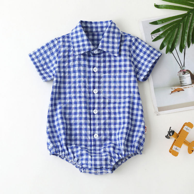 0-3 years old plaid one-piece romper newborn romper summer baby cotton short-sleeved shirt bag fart clothes baby and children's clothing