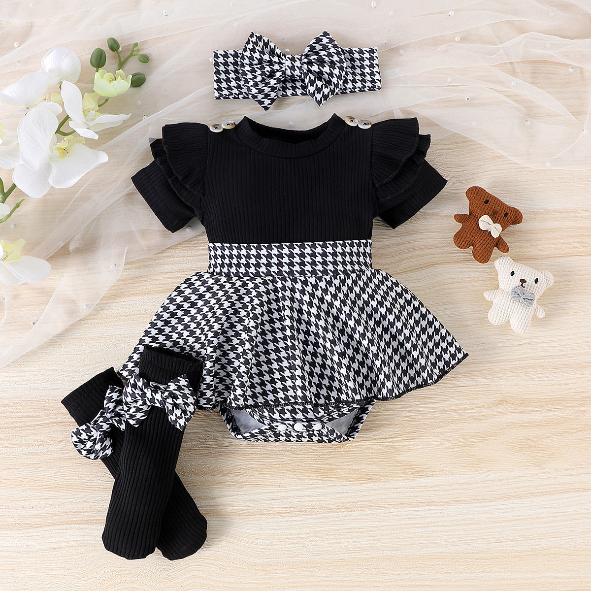 Foreign trade cross-border European and American summer baby and toddler flying sleeves short-sleeved striped romper pants skirt socks headdress three-piece suit