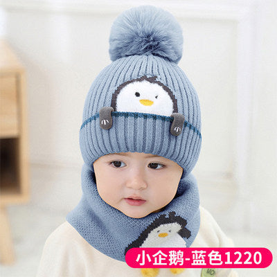 New autumn and winter children's warm hats cute bear double ball hats infant baby warm ear protection knitted wool hat