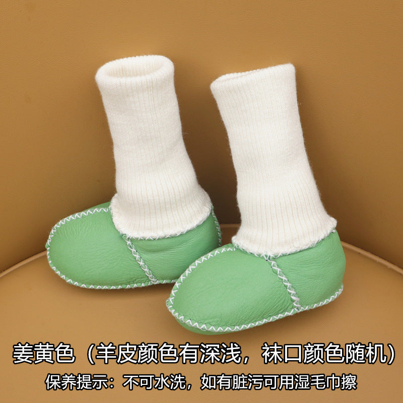 Sheepskin and fur integrated baby shoes and socks keep warm and velvet autumn and winter baby cotton shoes soft soles will not fall off toddler shoes newborn