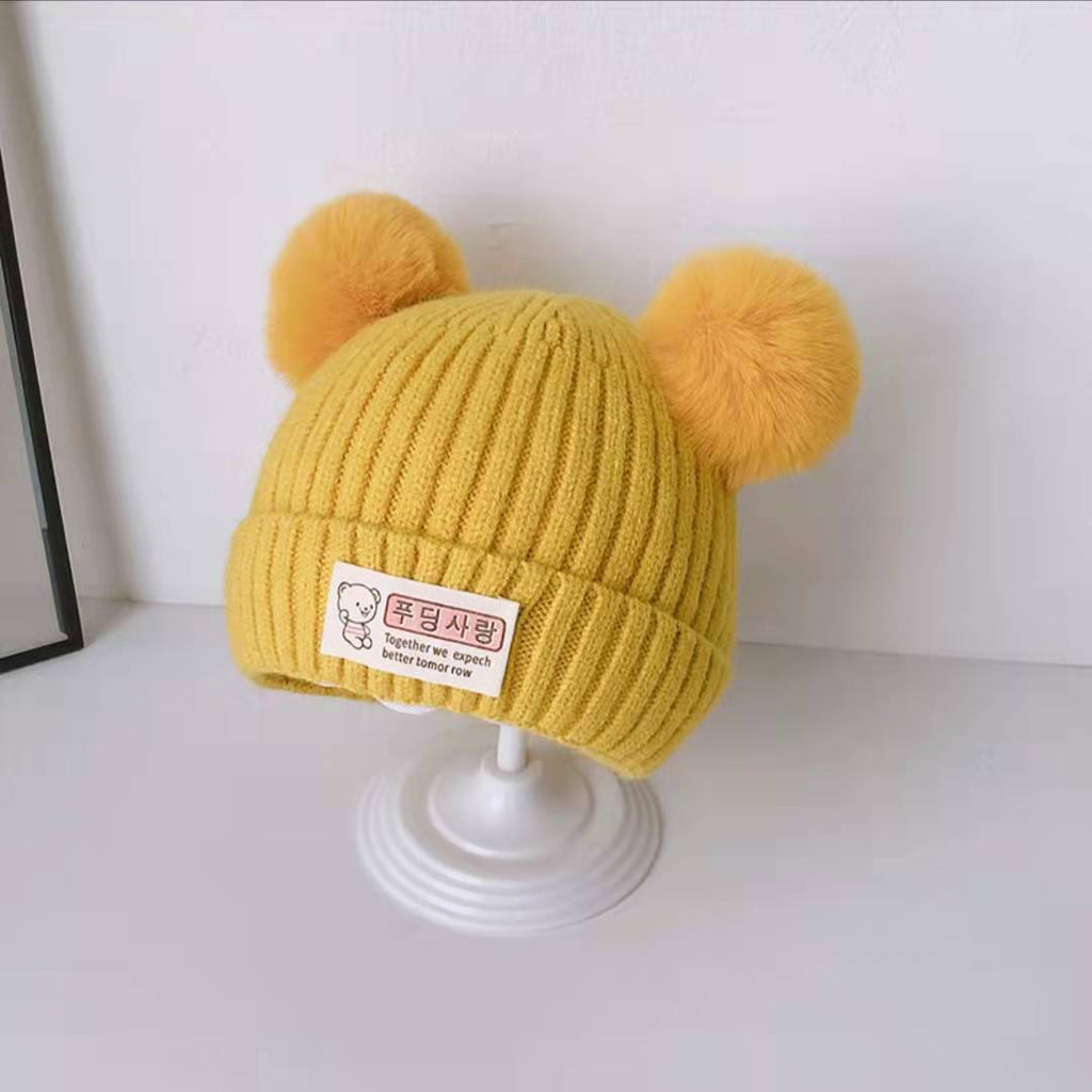 New autumn and winter children's warm hats cute bear double ball hats infant baby warm ear protection knitted wool hat