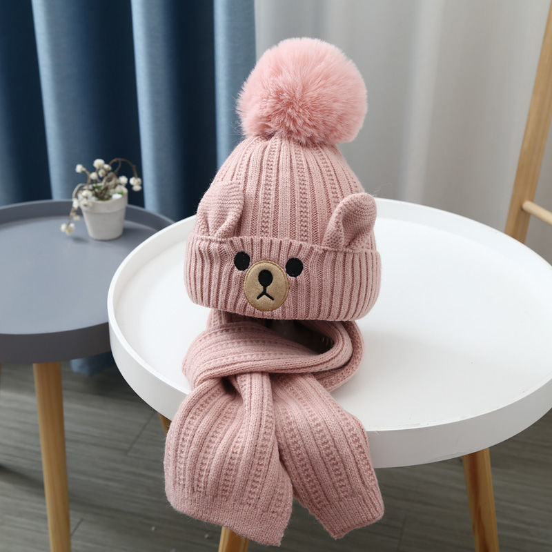 Children's hat scarf set for boys and girls winter warm cotton lining wool hat baby two-piece hat