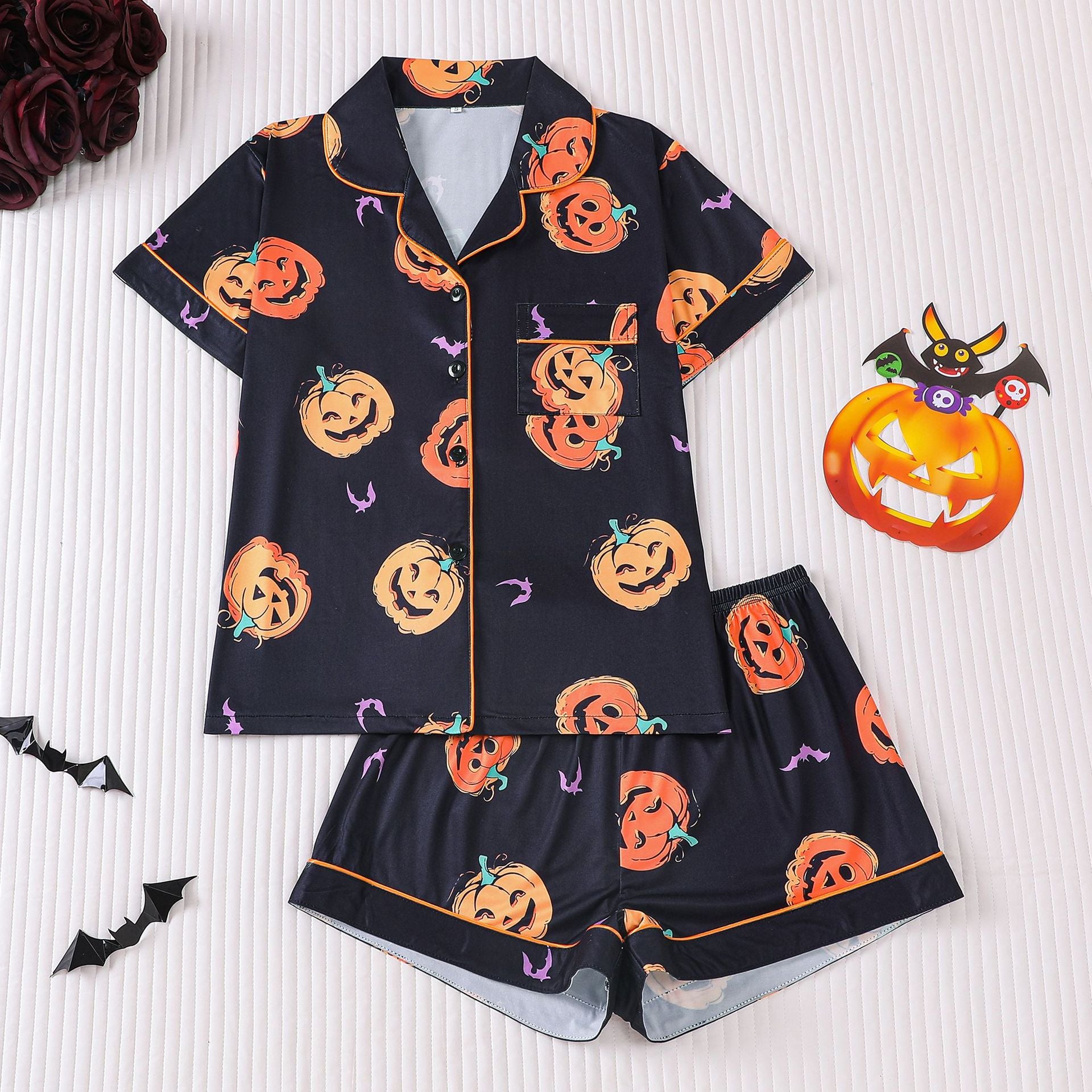 Cross-border foreign trade new European and American women's pajamas Halloween print lapel short-sleeved shorts European and American home clothes suit