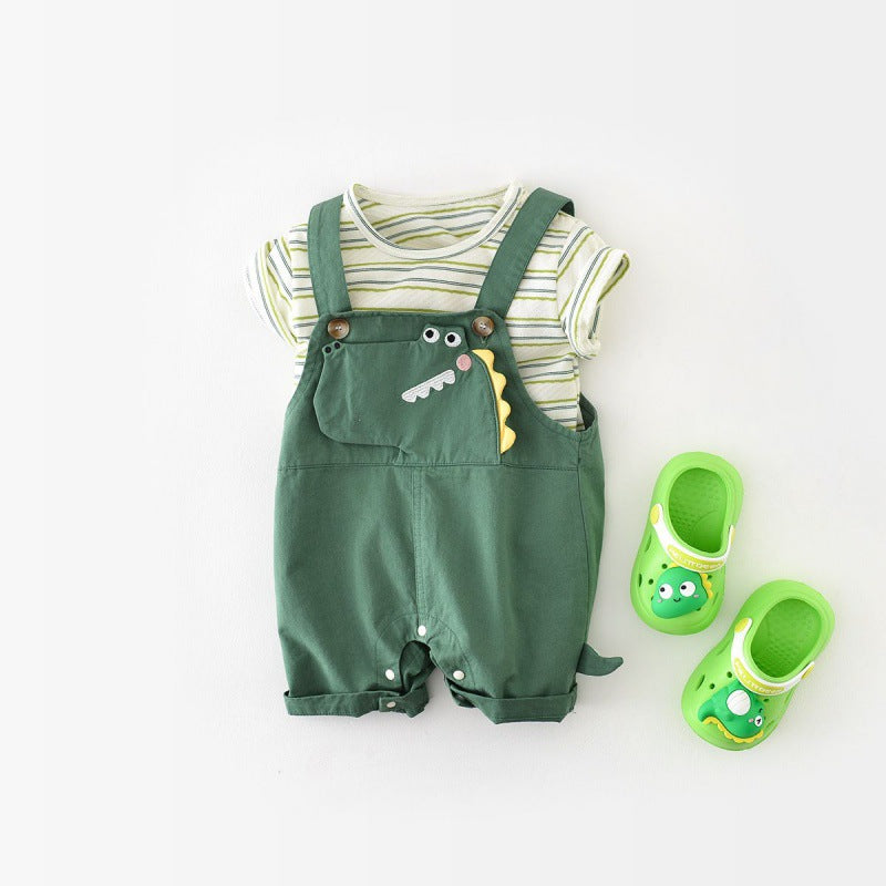 Cute and fashionable baby clothes summer short-sleeved trendy baby boy jumpsuit fake two-piece going out clothes romper crawling clothes