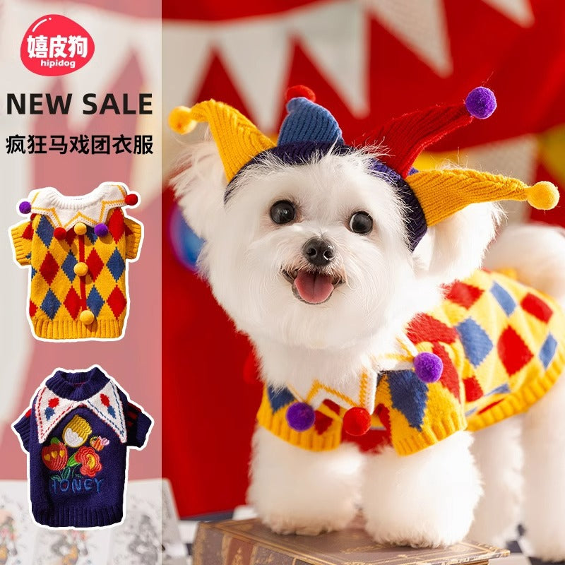 Autumn and Winter Dog Cute Funny Crazy Circus Clown Sweater Halloween Cat Suit Pet Dog Clothes