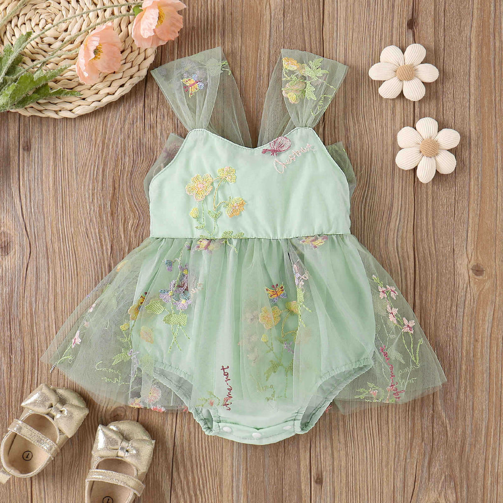 Baoxin children's clothing Korean version spring and summer girls baby sling embroidered flowers mesh princess can open crotch fart baby romper