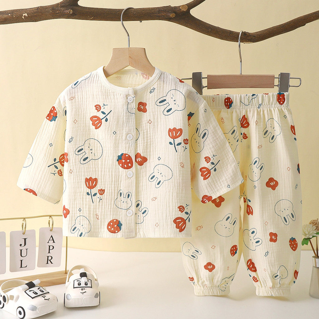 Children's thin double-layer cotton gauze boy's pajamas summer girl's home clothes boy's baby long-sleeved bloomers suit